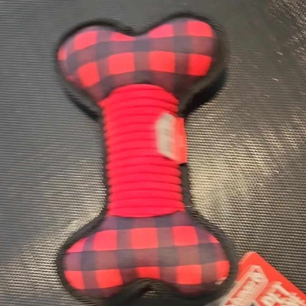 NWT Coleman Plaid Red and Black Dog Bone Squeaker Toy